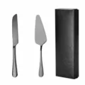 Stainless steel cake knife and server set with gift box, precise dimensions and baking tools. - 2-Piece Set with Gift Box / Black