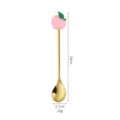 Stainless steel gold coffee spoon with cute pink peach charm, 16cm creative dessert tableware. - Peach Gold Spoon