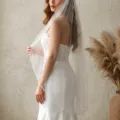 Bridal wedding veil detail shot, sheer mesh fabric with delicate hand-stitched beaded trim. - 100cm Long / Champagne