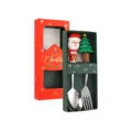 Christmas stainless steel cutlery set with lovely santa and tree silicone handles in a nice gift box - Santa Spoon and Tree Fork Set / 2-Piece Gift Box Set / Silver