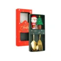 Christmas stainless steel cutlery set with cute Santa and tree silicone handle, gift box included. - Santa Spoon and Tree Fork Set / 2-Piece Gift Box Set / Gold