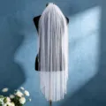 Short single-layer bridal veil with hand-sewn beaded edge, elegant wedding hair accessory. - 100cm Long / Off White