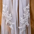 White lace bridal veil with hand sewn pearls long wedding veil elegant bridal accessory - White (0.9m)