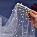 Pearl bridal veil with hair comb single layer wedding veil pearl studded accessories - 100cm Length * 160cm Width - Hip Length / V180 White Veil With Comb