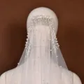 Bridal pearl veil single layer long wedding veil with metal comb elegant hair accessories - 100CMx160CM With Comb / Off-White Veil