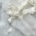 White bridal tulle cape with 3D floral lace applique, elegant wedding cloak option. - Off-White Mesh