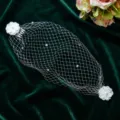 Bridal white mesh veil headpiece with rhinestones and floral accents for wedding party accessory. - Style B (Rhinestone)