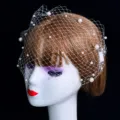 White pearl mesh veil headpiece with hair comb for women party wedding photo accessory. - White