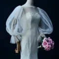 Weisse spitze durchsichtige puffarme braut hochzeitskleid abendparty kleid zubehoer - Einheitsgröße / Milchweiß