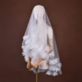Short double layer bridal veil with floral appliques and comb for wedding and bridal accessories. - White
