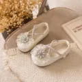 Girls glitter rhinestone bow princess shoes, elegant closed-toe flat dress shoes for kids. - Size 23 (Inner Length 14.5cm) / Beige