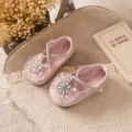Girls pink glitter princess shoes with crystal rhinestone snowflake bow for cute dresses. - Size 23 (Inner Length 14.5cm) / Pink