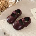 Niñas Francés Punta Dividida Mary Jane Cuero Zapatos Burdeos Niños Primavera Plano Princesa - Talla 23 (Longitud Interior 15,0 cm) / Burdeos