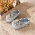 Sparkly kids princess shoes with crystal rhinestone snowflake and elegant pearl cross straps. - Size 23 (Inner Length 14.5cm) / Blue