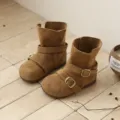 Bottes slouch en suédine marron pour filles avec doubles boucles et style rétro souple - Taille 23 Longueur Intérieure 14.8cm / Chameau