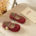 Red French girls Mary Jane shoes, cute soft sole flat princess shoes with cute buckle style. - Size 23 Inner Length 14.6cm / Burgundy