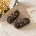 Kleinkind Mädchen retro braune Schleife Leder Schuhe weiche Sohle Herbst neue Mode - Größe 23 Innenlänge 14.7cm / Kaffeebraun