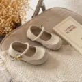 Kids French style leather shoes beige Mary Jane princess flats with sweet metal buckle. - Size 23 Inner Length 14.6cm / Beige