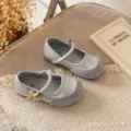 Children silver Mary Jane shoes with chic bow buckle, soft sole French style flat shoes. - Size 23 Inner Length 14.6cm / Silver