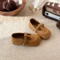 Kids retro brown suede mary jane shoes, sweet t-strap flat footwear for toddler girls spring. - Size 21 (Inner Length 13.7cm) / Camel