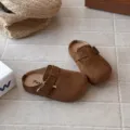 Kids retro brown suede slip-on clogs, comfortable soft sole casual flat mule shoes. - Size 23 (Inner Length 14.3cm) / Camel
