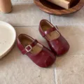 Kids red Mary Jane shoes, PU leather soft sole princess shoes, cute flat single shoes. - Size 21 (Inner Length 13.5cm) / Burgundy