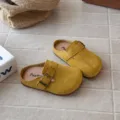 Kids retro suede clogs yellow slip-on mules soft flat shoes summer casual footwear - Size 23 (Inner Length 14.3cm) / Yellow