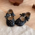 Schwarze Mädchen Pünktchen Split-Toe flache Schuhe mit Spitzen-Schleife Variante - Größe 21 / Schwarz