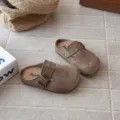 Kids retro suede clogs, stylish slip-on mules with metal buckle, soft sole casual shoes. - Size 23 (Inner Length 14.3cm) / Khaki