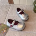 Childrens silver Mary Jane leather shoes with red polka dot lining, soft sole princess shoes. - EU 30 (Internal Length 18.5cm) / Silver