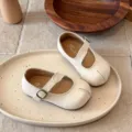 Hermosos Zapatos Mary Jane Niña Beige Split Toe Piel Niñas Zapatos Planos Retro Moda Chic - Talla 23 Longitud Interior 14,5 cm / Beige