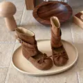 Girls brown suede mid-calf cutout boots with bowknot and buckle strap variant style. - Size 23 (Inner Length 15.0cm) / Camel