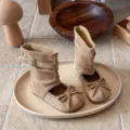 Kids French Suede Mid-Calf Boots with Cute Bow and Cutout Design in Khaki Color Variant - Size 23 (Inner Length 15.0cm) / Apricot