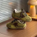 Kids retro green sneakers with brown star patch, cozy vintage style children sports shoes. - Size 23 (Inner Length 14.5cm) / Green