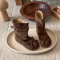 Brown suede girls mid-calf boots with bow and cutout design for spring autumn daily wear. - Size 23 (Inner Length 15.0cm) / Coffee
