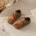 Zapatos retro tabi de cuero para niños, Mary Jane marrón de doble correa para niñas primavera otoño. - Talla 23 Longitud Interior 14.0cm / Camel