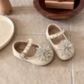 Girls beige pearl rhinestone leather shoes, cute princess mary jane flat shoes for kids. - Size 23 Inner Length 14.5cm / Beige