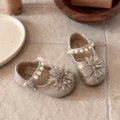 Gold Kids Pearl Rhinestone Mary Jane Shoes Toddler Princess Flat Shoes For Girls New - Size 23 Inner Length 14.5cm / Champagne