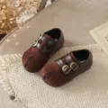 Zapatos retro marrones de cuero para niños con hebillas dobles de metal y suela suave. - Talla 23 Longitud Interior 14.0cm / Café