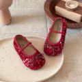 Κόκκινα φλατ παπούτσια για κορίτσια με λαμπερές παγιέτες χαριτωμένος φιόγκος μαλακή σόλα - Μέγεθος 23 Εσωτερικό Μήκος 13.8cm / Κόκκινο
