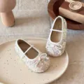 Chaussures plates à sequins scintillants pour filles, joli nœud, semelle souple princesse. - Blanc