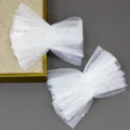 White tulle mesh bridesmaid arm sleeves with pearl embellishments for wedding evening dresses. - One Size / White