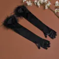 Schwarze Satin-Ellenbogenhandschuhe mit Federbündchen für Hochzeit Abendparty Kostüm. - Einheitsgröße / Schwarz