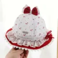 Carino cappello da pescatore in cotone per bambina con cuori rossi, fiocco e bordo in pizzo - 3-20 Mesi (40-48.5CM) / Rosso