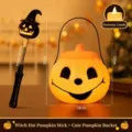 Halloween Pumpkin Wand and Bucket Set Glowing LED Jack O Lantern Kids Party Toy Props - Cute Pumpkin Bucket + Black Hat Pumpkin Wand