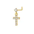 Goldener L-foermiger Nasenstecker mit glitzerndem Zirkonia Kreuz Anhaenger fuer Piercings. - Kreuz Nasenstecker / Gold