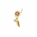Goldener L-förmiger Nasenstecker mit lila Zirkonia Sonnenblume und hängendem Blatt Anhänger. - Feder Nasenstecker / Gold