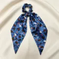 Halloween satin hair scrunchies with long ribbons, spooky ghost pumpkin bat print pony holder. - Blue Halloween Print (QRJ01)