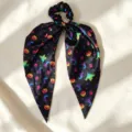 Halloween satin hair scrunchie with long ribbon, colorful pumpkin and ghost print for party. - Black Multicolor Halloween Print (QRJ01)