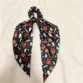 Halloween large ribbon hair scrunchie with ghost pumpkin bat print for stylish ponytail styling. - Black Castle Halloween Print (QRJ01)
